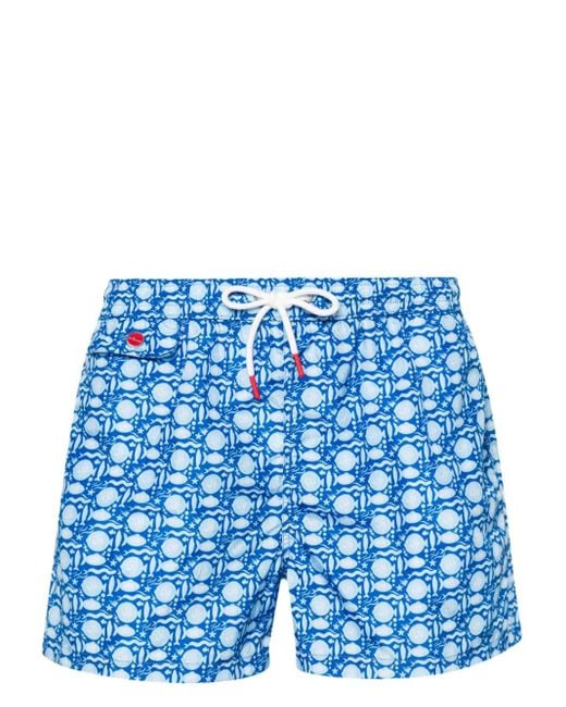 Kiton Blue Swim Shorts With Fish Print for men