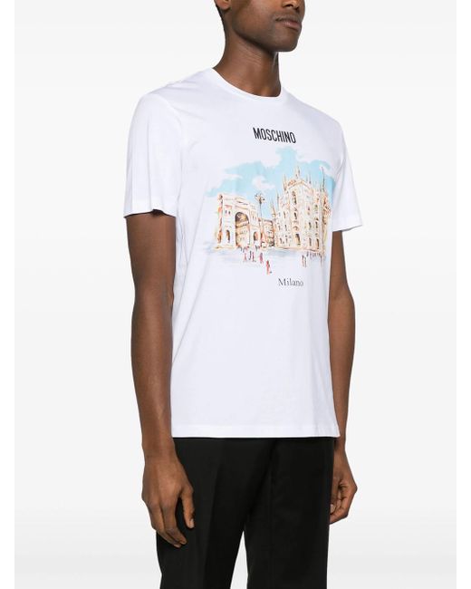 T-Shirt Con Stampa Grafica di Moschino in White da Uomo