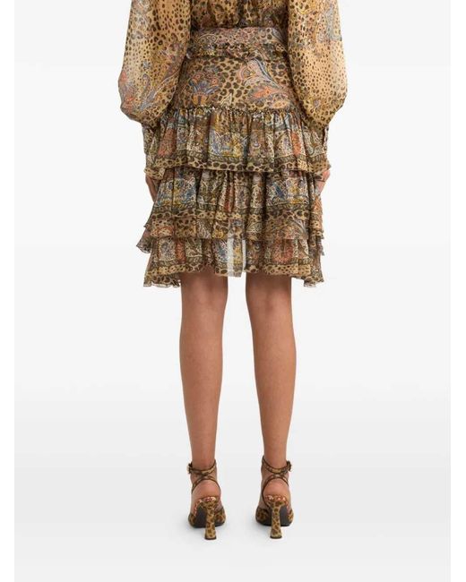 Etro Brown Paisley-Printed Asymmetric Ruffled Skirt