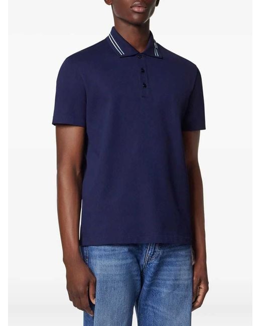 Versace Blue Embroidered Cotton Polo Shirt for men