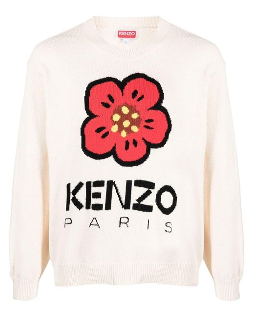 KENZO White Knitted Flower Logo Sweater for men