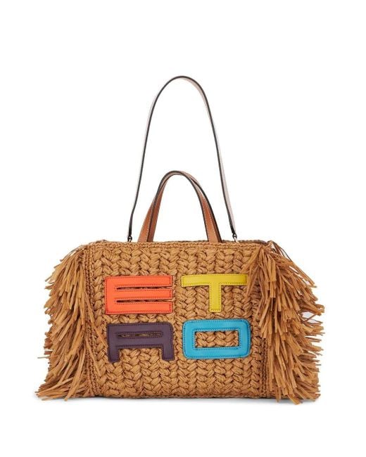Etro Orange Medium Shopping Bag In Raffia With Logo And Fringes