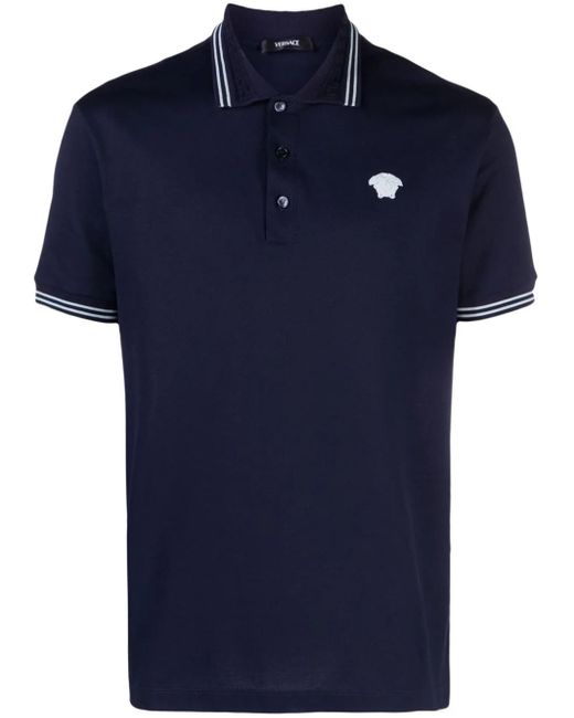 Versace Blue Polo Shirt With Medusa Embroidery for men