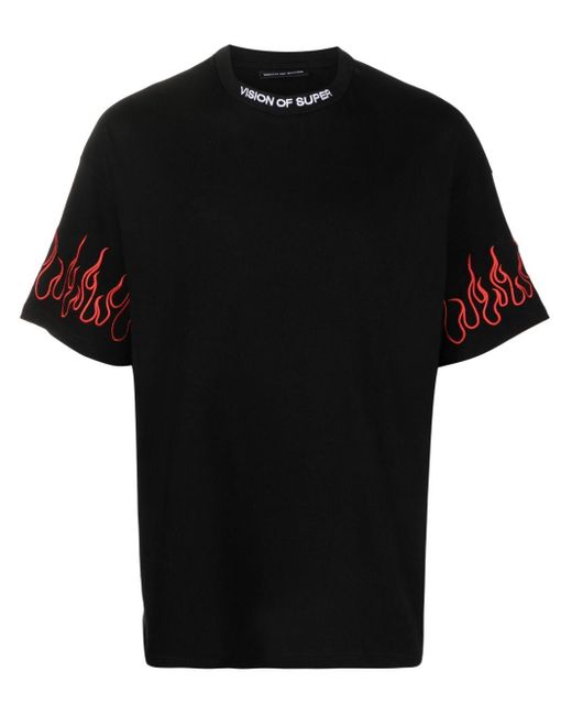 Vision Of Super Black T-Shirt With Flames for men
