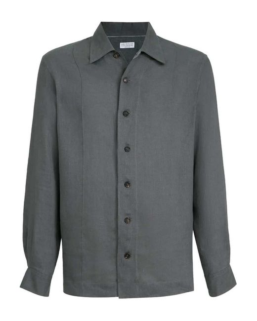 Brunello Cucinelli Gray Spread Collar Shirt for men