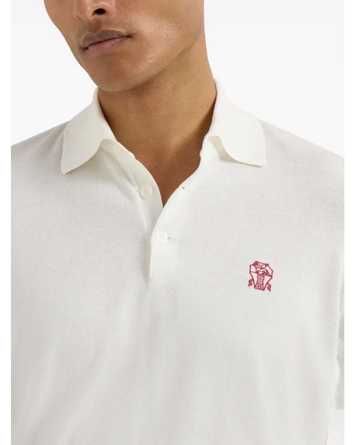 Brunello Cucinelli White Logo Cotton Polo Shirt for men