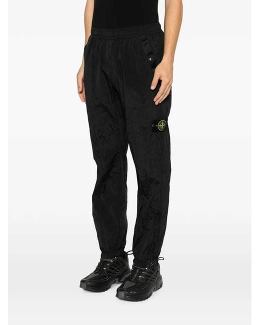 Stone Island Black Crinkled Sweatpants With Logo Patch for men