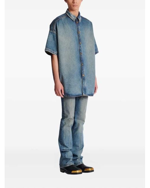 Balmain Blue Short-Sleeved Button-Up Shirt for men