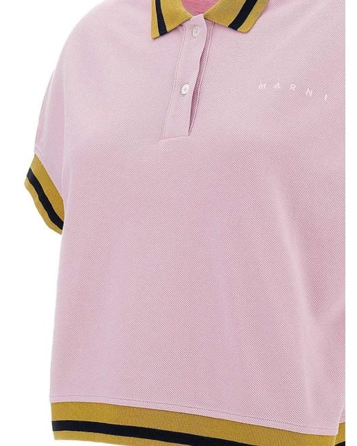 Marni Pink Striped Details Cotton Pique Polo Shirt