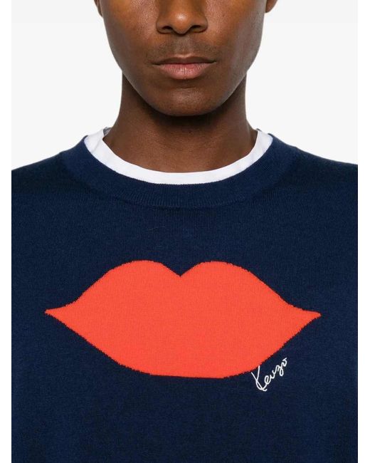 KENZO Blue Short-Sleeved Sweater With Lip Intarsio