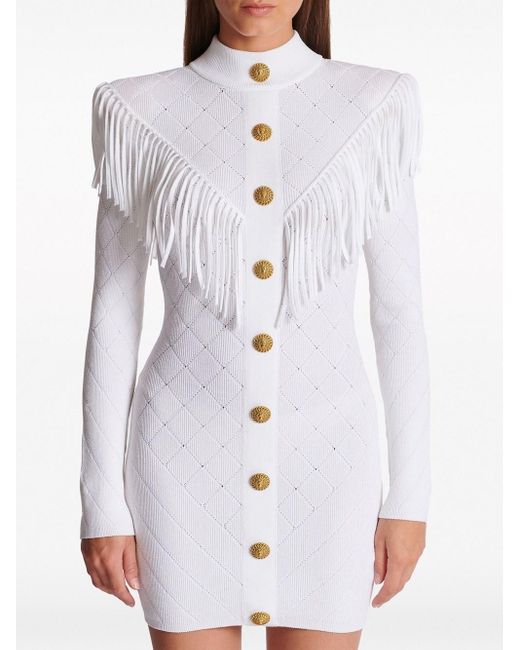 Balmain White Short Dress With Fringes