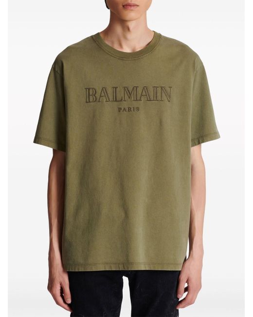 Balmain Green T-Shirt With Embroidery for men