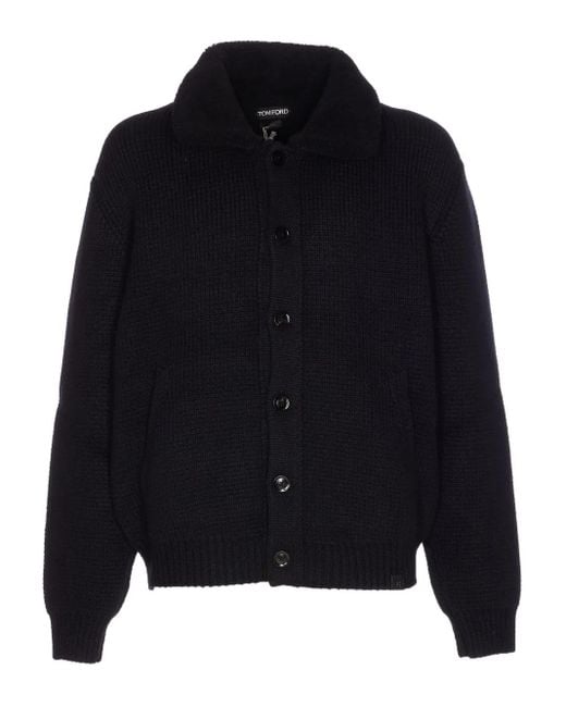 Tom Ford Blue 3-Gauge Pure Cashmere Shearling Collar Cardigan for men
