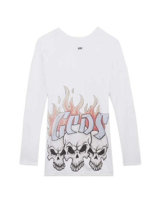 Gcds White Short, Long-Sleeved Dress With Graphic Print