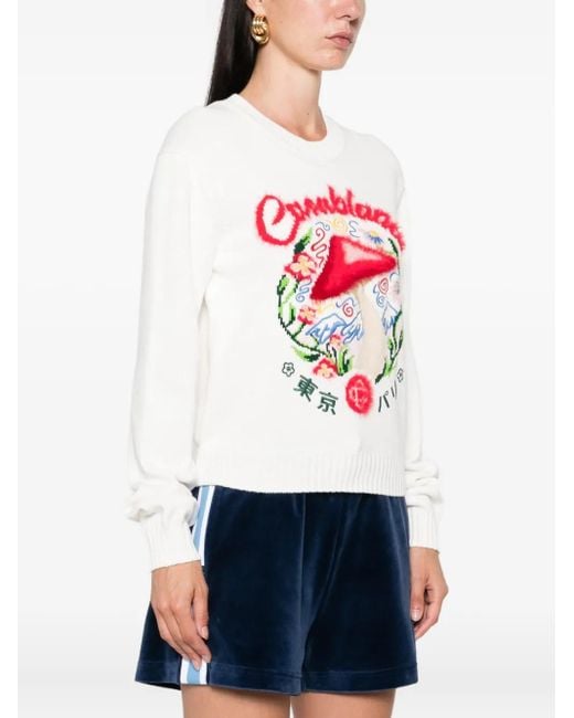 Casablanca White Crewneck Sweater With Mushroom Embroidery