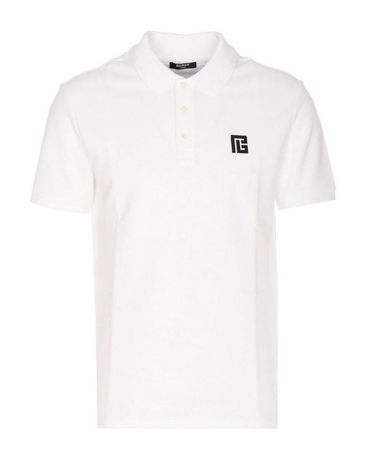 Balmain White Embroidered Pb Logo Polo for men