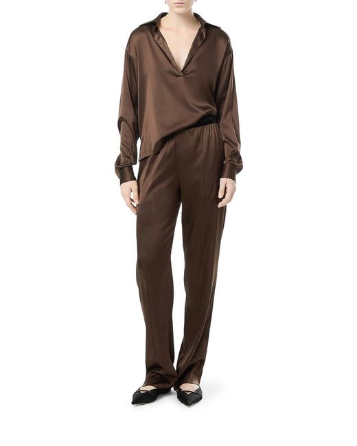 Tom Ford Silk Satin Blouse With Tf Logo Embroidered In Tone-on-tone Brown