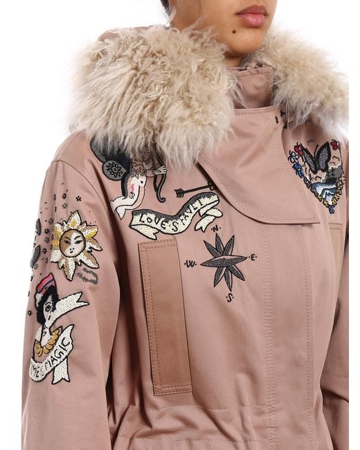 Valentino Garavani Pink Fur Trim Tattoo Embroidered Parka