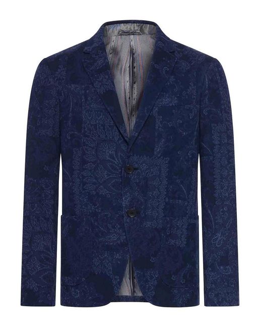 Etro Blue Single-Breasted Jacquard Cotton Jacket for men