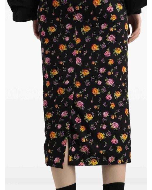 Dolce & Gabbana Black Small Rose Bouquets-Printed Midi Charmeuse Skirt