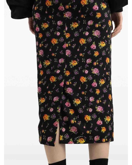 Dolce & Gabbana Black Small Rose Bouquets-Printed Midi Charmeuse Skirt