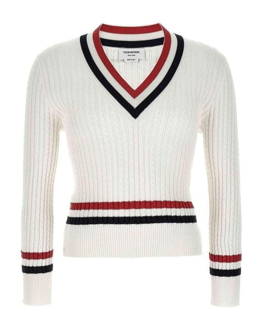 Thom Browne White Rwb Intarsia-Knit V-Neck Jumper for men