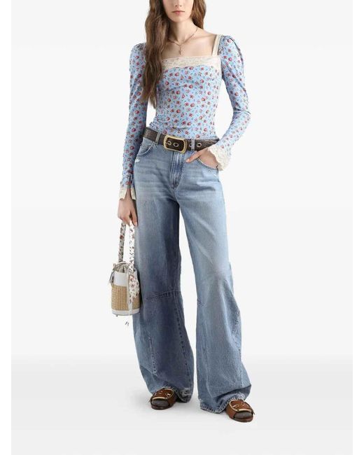 Dolce & Gabbana Blue Silk-Blend Rose Print Top