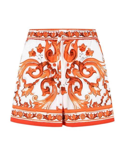 Dolce & Gabbana Orange Maiolica Print Cotton Poplin Shorts