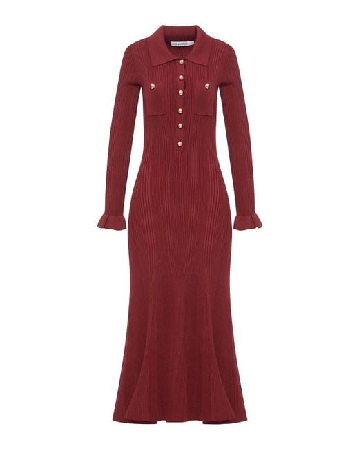 Self-Portrait Red Ribbed Knit Midi Dress