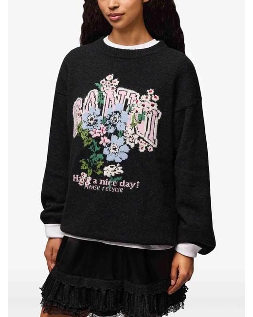 Ganni Blue Graphic Wool Oversized Sweater Flowers