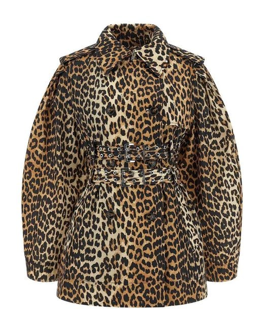 Ganni Brown Leopard Duchesse Nylon Short Trench Coat