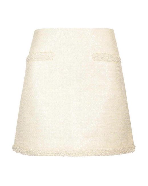 Self-Portrait Natural Cream Boucle Pearl Trim Mini Skirt