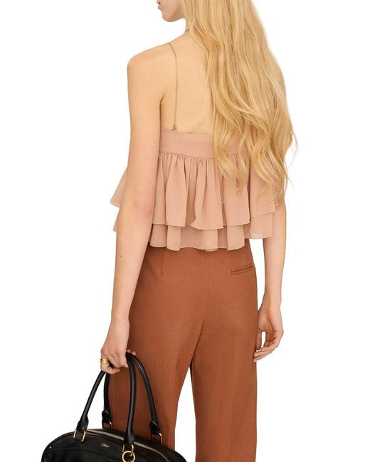 Chloé Natural Sleeveless Silk Georgette Top With Ruffles