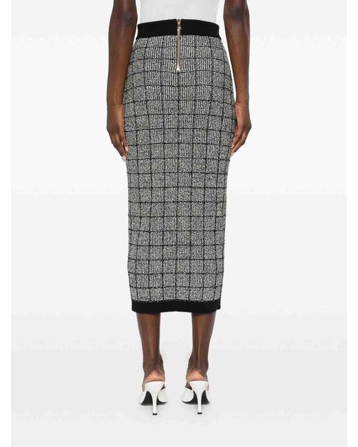 Balmain Gray Checked Tweed High-Rise Midi Pencil Skirt