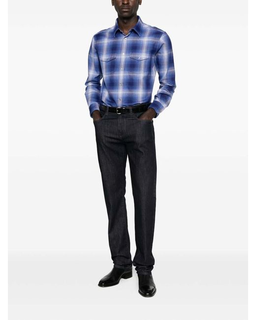 Tom Ford Blue Cotton Checked Shirt for men