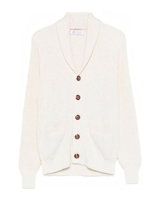 Brunello Cucinelli White English Rib Knit Cardigan for men