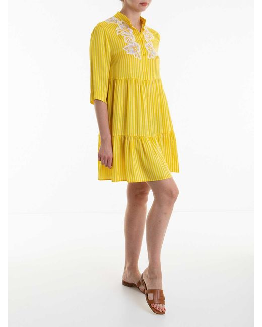 Ermanno Scervino Yellow Round Neck Striped Dress
