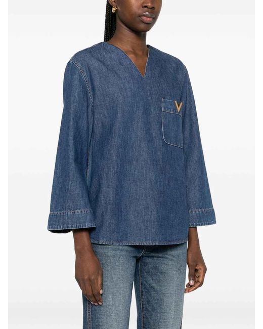 Valentino Garavani Blue Vlogo Signature Denim Blouse