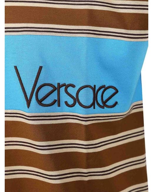 Versace Blue Striped Cotton T-Shirt With Inlay for men