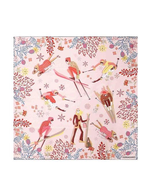 Ferragamo Pink Printed Silk Scarf