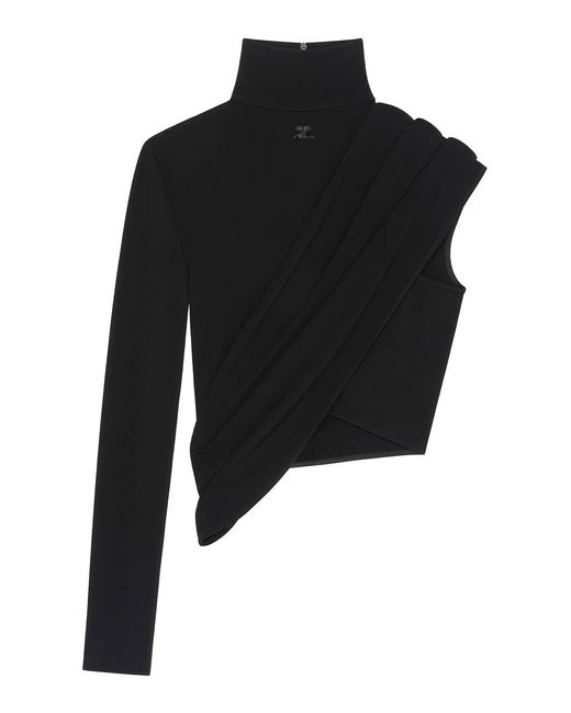 Courreges Black Asymmetric Cropped Jersey Top