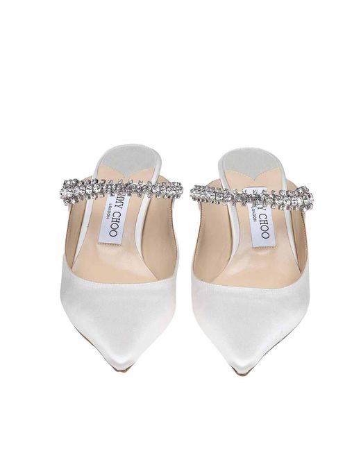 Jimmy Choo White Satin Mules With Crystal Band