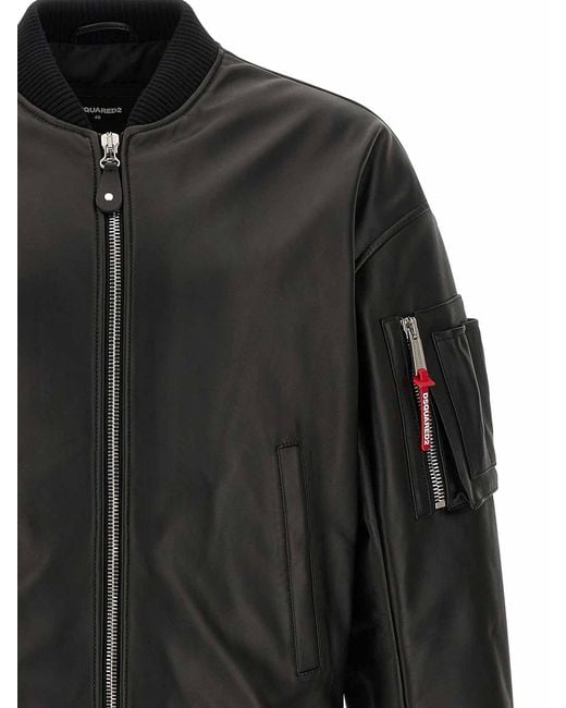 DSquared² Black Leather Bomber Jacket for men