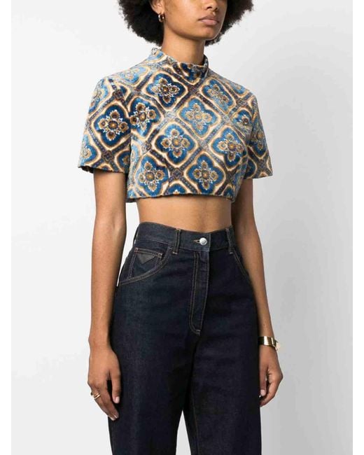 Etro Blue Printed Cropped Top