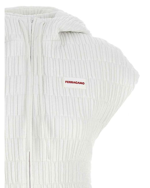 Ferragamo White Textured Nylon Hooded Vest With Zip Closure