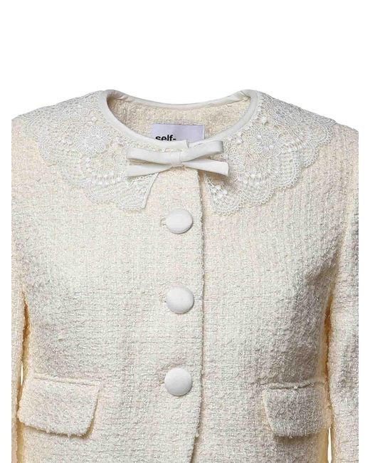 Self-Portrait White Cropped Boucl Jacket With Lace