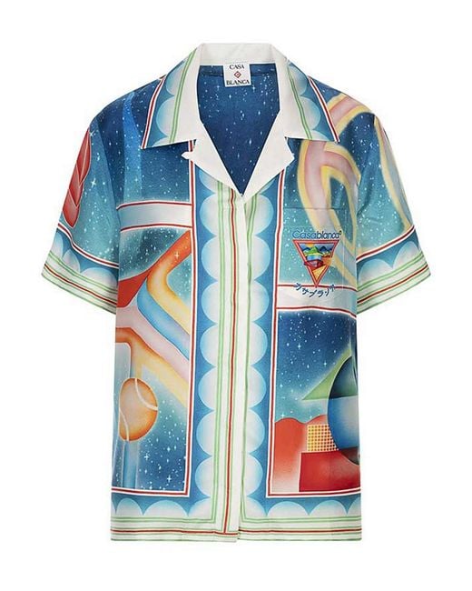 Casablanca Blue Printed Short Sleeve Silk Shirt