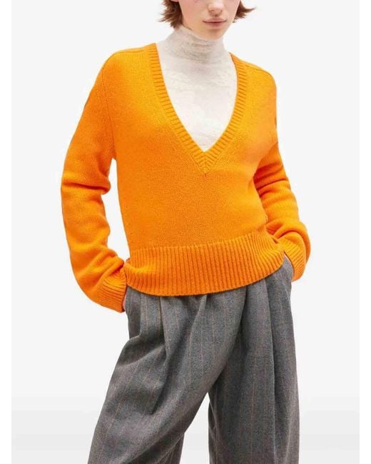 Ganni Orange Chunky Cashmere Deep V-Neck
