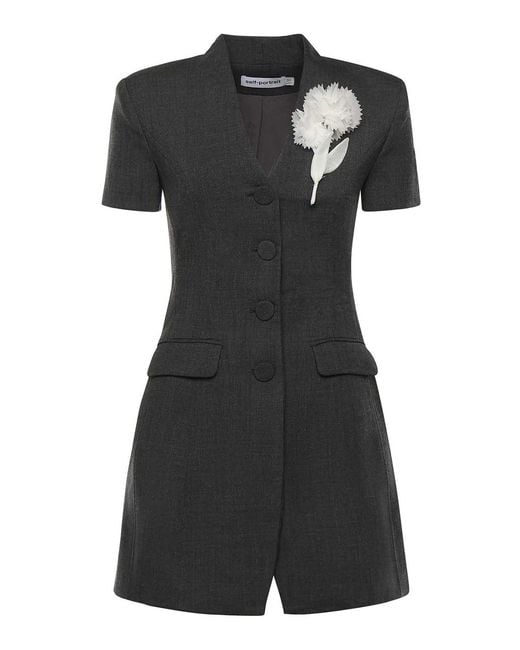 Self-Portrait Black Floral Detail Mini Dress With Button Fastening And Pockets
