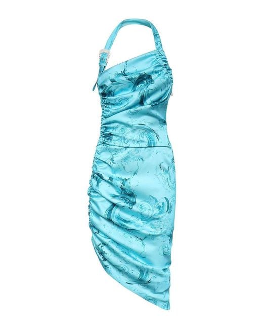 Versace Jeans Couture Blue Draped Midi Dress With Print
